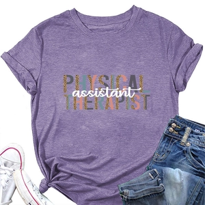 Detail of purple Physical Therapist t-shirt with leopard print graphic and knotted hem
