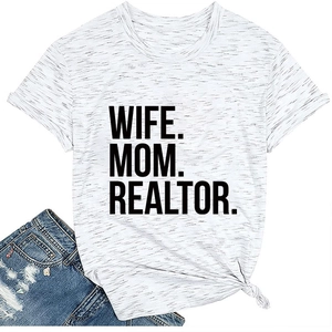 Detail of grey t-shirt with WIFE MOM REALTOR print and side knot on white background