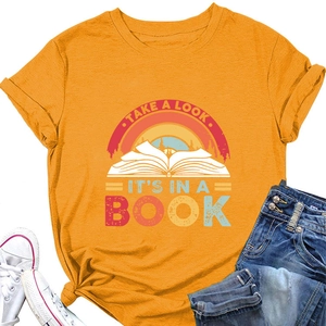 Detail of mustard yellow t-shirt with retro book rainbow print and casual front knot