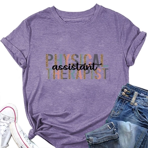 Flat lay of purple short sleeve t-shirt with Physical Therapist Assistant print and jeans