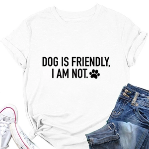 Detail of white cotton T-shirt with knot hem and DOG IS FRIENDLY print design