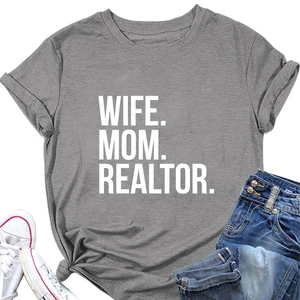 Flat lay of gray Wife Mom Realtor T-shirt styled with jeans and white canvas shoes