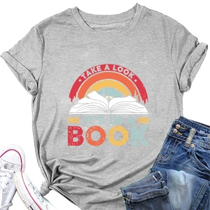 Close-up of retro book and rainbow print on gray casual short sleeve cotton t-shirt