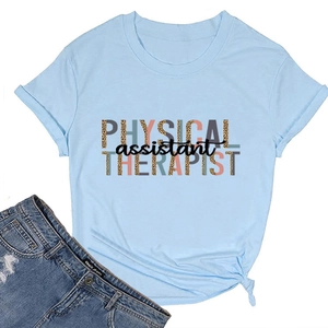 Detail of light blue crew neck T-shirt with Physical Assistant Therapist leopard print