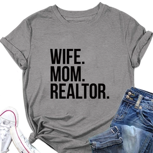 Detail of grey Wife Mom Realtor slogan T-shirt styled with a casual knot and denim shorts
