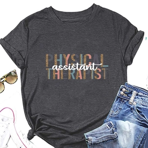 Flat lay of Physical Assistant Therapist t-shirt with leopard print text and fashion props