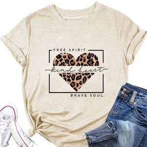 Flat lay of beige cotton T-shirt with leopard heart and Kind heart slogan print