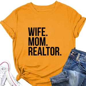 Detail of orange t-shirt with WIFE MOM REALTOR print and stylish knotted hem detail