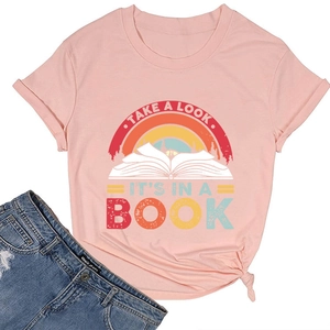 Detail of pink cotton T-shirt featuring rainbow book print and front knot design