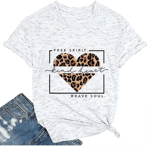 Detail of white marl T-shirt featuring leopard heart print and knotted hem with denim shorts