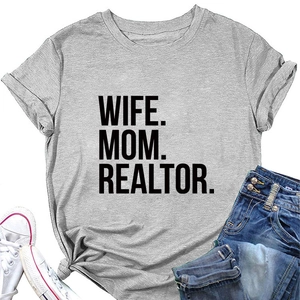 Detailed flat lay of a grey casual t-shirt with black WIFE MOM REALTOR bold lettering