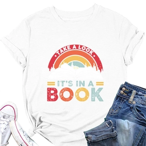 Close-up of retro sunset print and Take a Look It's in a Book text on white T-shirt