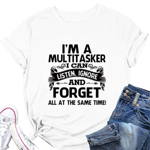 Flat lay of white cotton T-shirt with slogan print and stylish front knot detail