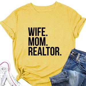 Detail of yellow Wife Mom Realtor t-shirt with crew neck and rolled cuff sleeves