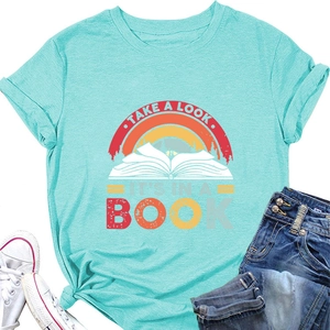 Flat lay of women's turquoise T-shirt with 'Take a Look It's in a Book' retro print
