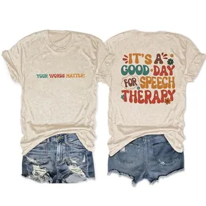 Women Retro Speech Therapy Print T-Shirt And Ripped Denim Shorts Cotton Blend Casual Summer Outfit Round Neck