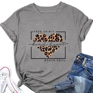 Flat lay of gray T-shirt with leopard heart print and decorative side knot detail