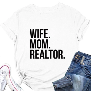 Flat lay of a white Wife Mom Realtor t-shirt paired with denim jeans and sneakers