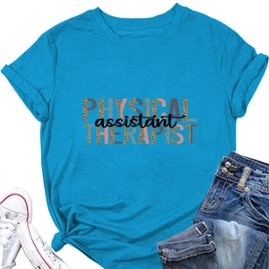 Sky blue t-shirt featuring leopard print PHYSICAL THERAPIST text and cuffed sleeves