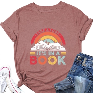 Detailed view of dust pink t-shirt with retro book print and vintage typography