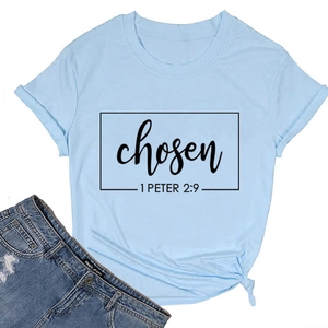Detail of light blue crewneck T-shirt with chosen 1 Peter print and side knot design
