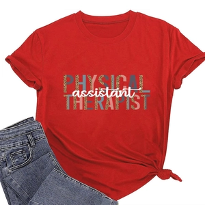 Close-up of leopard print Physical Therapist lettering on a red knotted short sleeve tee