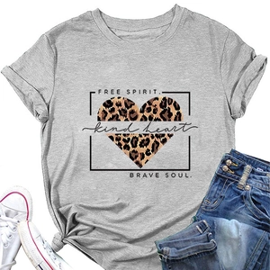 Detail of grey T-shirt featuring leopard heart print and Free Spirit Brave Soul text