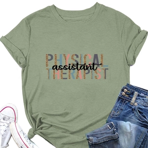 Flat lay of sage green cotton t-shirt with physical therapist leopard print text