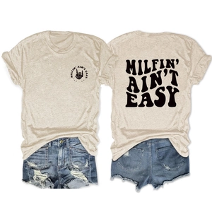 Front and back view of Milfin' Ain't Easy skeleton hand print on beige cotton T-shirt