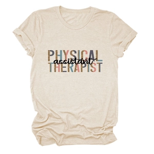Detail of Physical Assistant Therapist text with leopard print on beige t-shirt