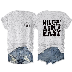 Front and back view of heather grey T-shirt with skeleton hand and MILFIN' slogan print