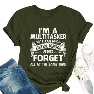 Detail of army green crewneck T-shirt featuring white multitasker slogan print and cotton texture