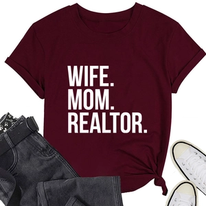 Detail of burgundy Wife Mom Realtor T-shirt with knotted hem and casual styling