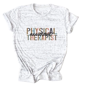 Close-up of leopard print and color block letters on white heather physical therapy tee