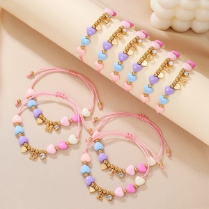 Cute Adjustable Handcrafted Beaded Heart Bracelet With Alloy Letter Pendant Macaron Color Rhinestone Jewelry For Kids Women