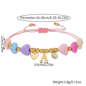 Handmade colorful heart beaded bracelet with adjustable cord and gold letter A charm