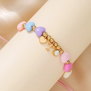 Colorful handmade beaded heart bracelet with gold T-letter pendant and sparkling charm
