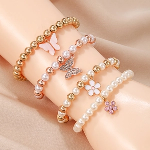 Mignon Bracelet de Künstliche Perles Papillon Marguerite en Alliage pour Enfants Filles Bijoux Élastiques Doux Künstliche Perles d'Imitation Strass