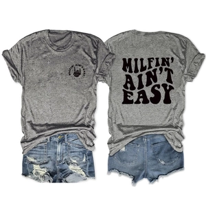 Front and back view of heather gray T-shirt with skeleton hand and MILFIN' AIN'T EASY print