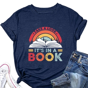 Navy cotton T-shirt with vintage rainbow book print in a flat lay casual outfit