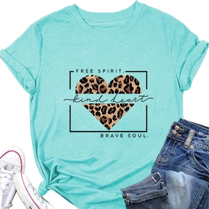 Detail of mint green T-shirt with leopard heart print and free spirit brave soul slogan