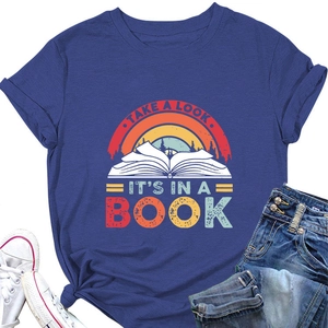Close-up of navy blue T-shirt featuring vintage rainbow and book graphic print