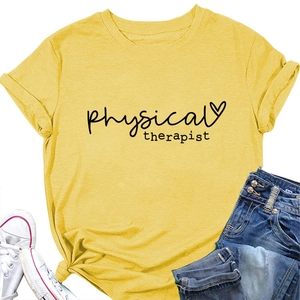 Detail of yellow physical therapist t-shirt featuring a heart print and side knot design