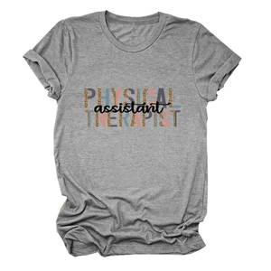 Close-up of Physical Assistant Therapist leopard print typography on grey cotton T-shirt