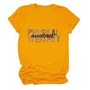 Detail of Physical Assistant Therapist text print with leopard patterns on yellow T-shirt