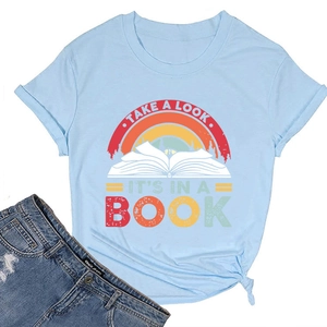 Flat lay of light blue cotton T-shirt with vintage book rainbow print and casual jeans