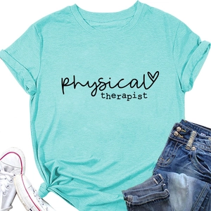 Detail of mint green physical therapist cotton t-shirt with heart graphic and casual knot
