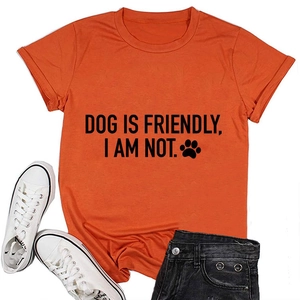 Orange cotton t-shirt with Dog Is Friendly slogan shown in a casual flat lay outfit