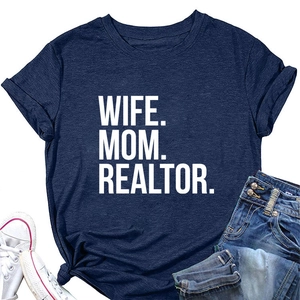 Navy blue t-shirt featuring Wife Mom Realtor text with casual jeans and sneakers