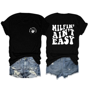 Front and back detail of black T-shirt with Milfin' skull hand print and denim shorts